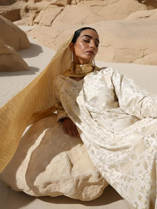 آي شين عباية جاكار واسعة مع حجاب مجعد - أبيض